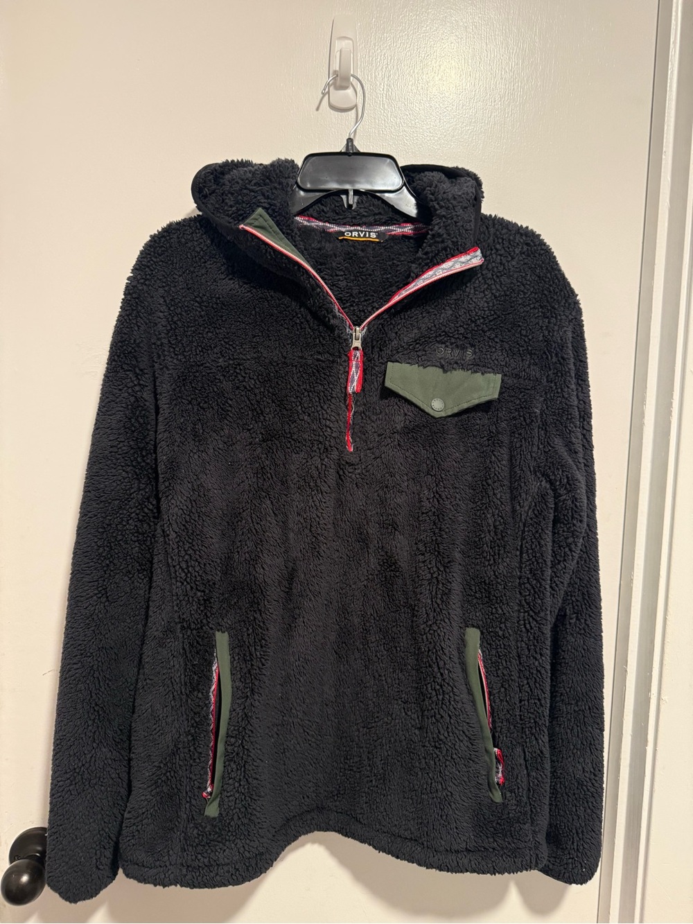 Orvis Kids Black Sherpa Quarter-Zip Pullover with Olive Accents